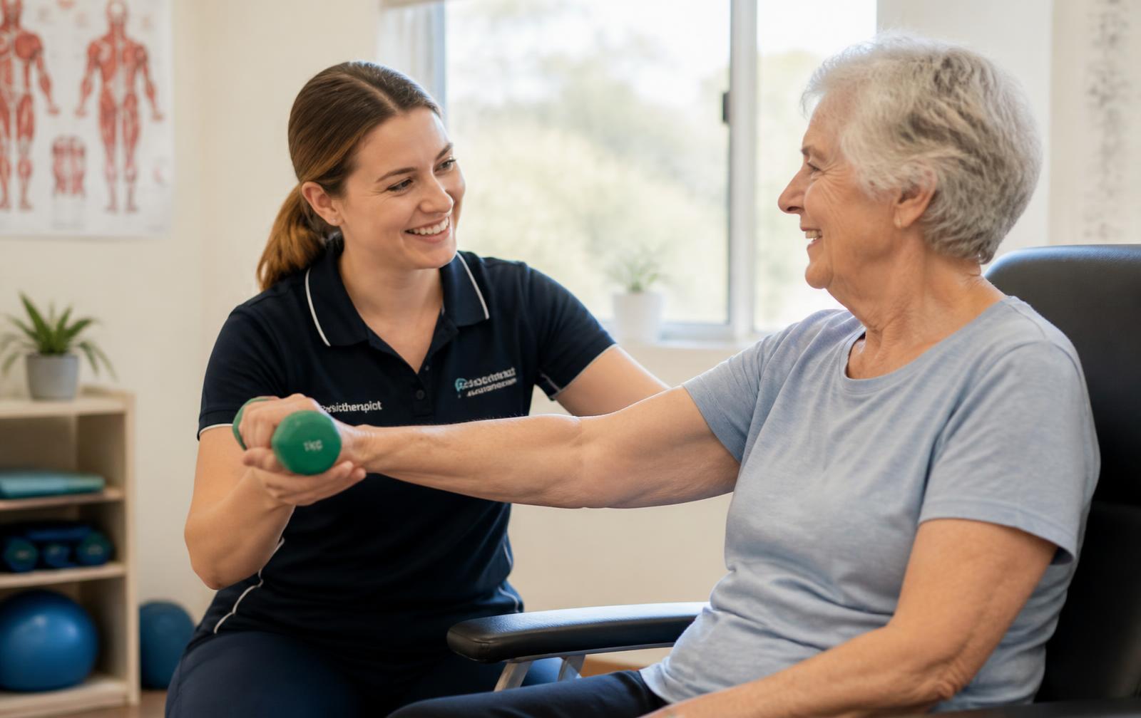 A physiotherapist supporting a client with gentle exercises