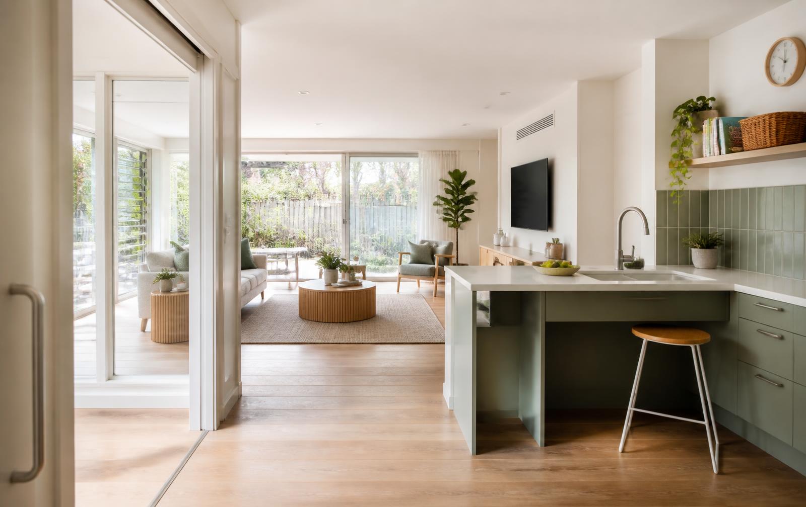 Accessible open-plan living area with wide doorways and a wheelchair-friendly kitchen